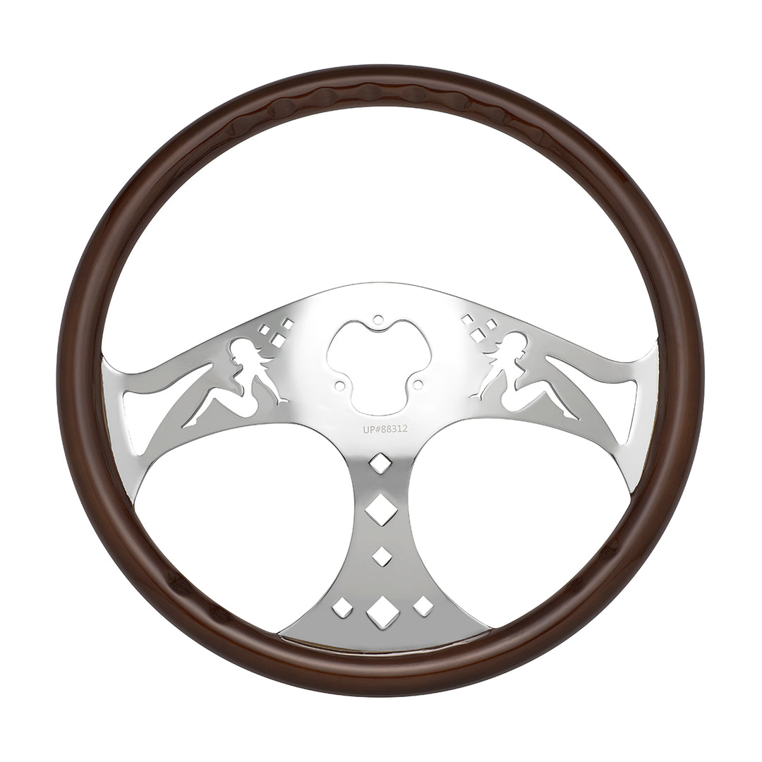 18" Lady Steering Wheel With Chrome Horn Bezel And Horn Button - Woodgrain