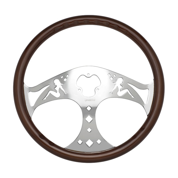 18" Lady Steering Wheel With Chrome Horn Bezel And Horn Button - Woodgrain
