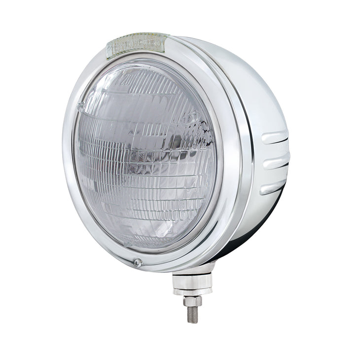 Stainless Steel Bullet Embossed Stripe Headlight 6014 &amp; Dual Mode LED Signal - Clear Lens