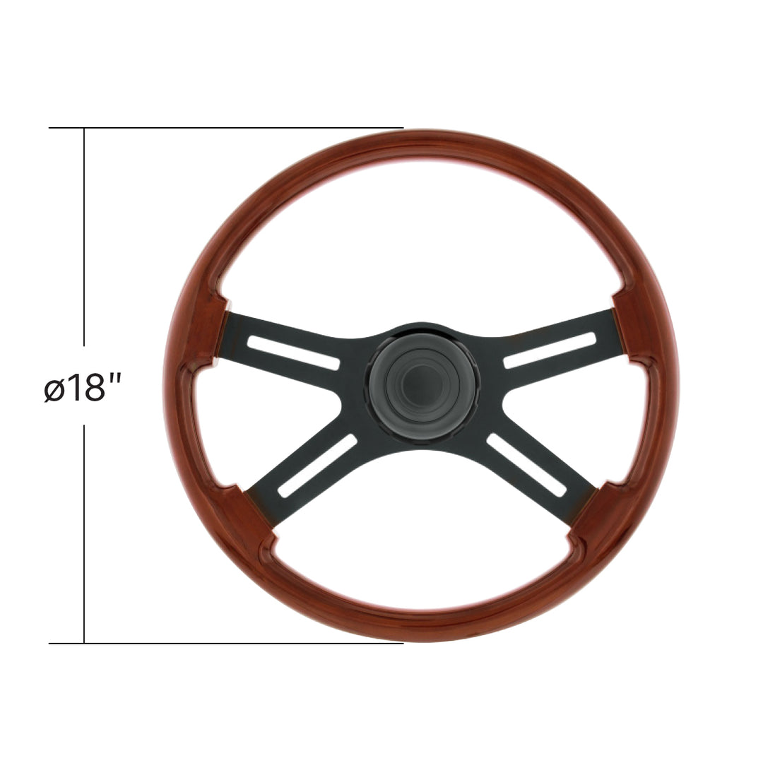 18" Matte Black 4 Spoke Steering Wheel With Horn Bezel &amp; Button-Wood Grain