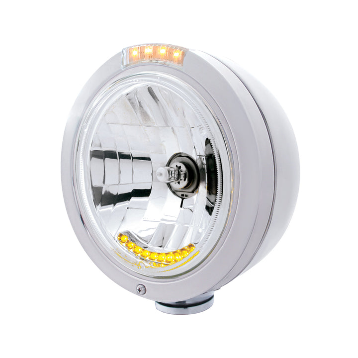 Stainless Steel Bullet Classic Headlight H4 With 10 Amber LED &amp; LED Signal - Clear Lens