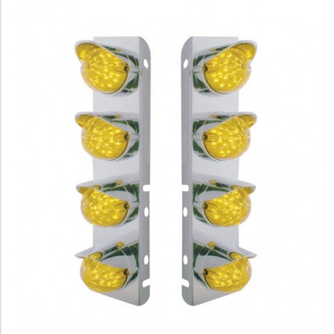 SS Front Air Cleaner Bracket With 8X 17 Amber LED Watermelon Lights & SS Visors For Peterbilt-Amber Lens