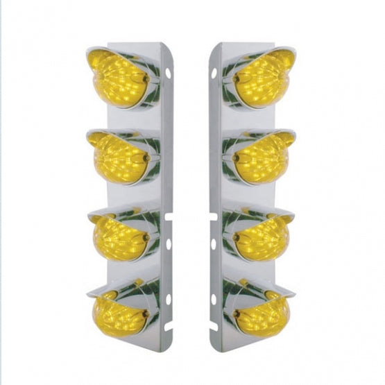 SS Front Air Cleaner Bracket With 8X 17 Amber LED Watermelon Lights & SS Visors For Peterbilt-Amber Lens