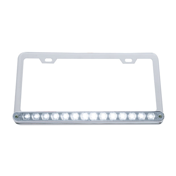 Chrome License Plate Frame With 14 LED 12" Light Bar - Amber LED/Clear Lens
