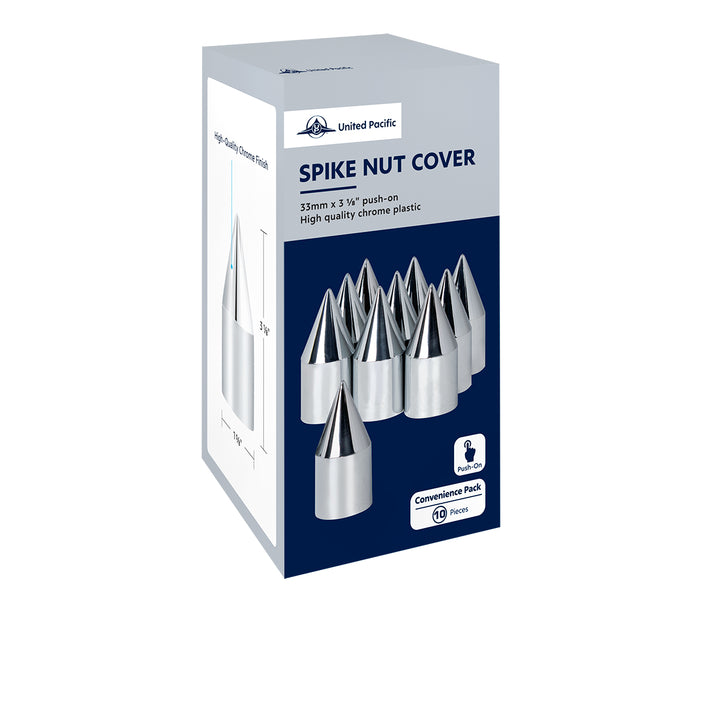 33mm X 3-1/8" Chrome Plastic Spike Push-On Nut Covers - Color Box Of 10