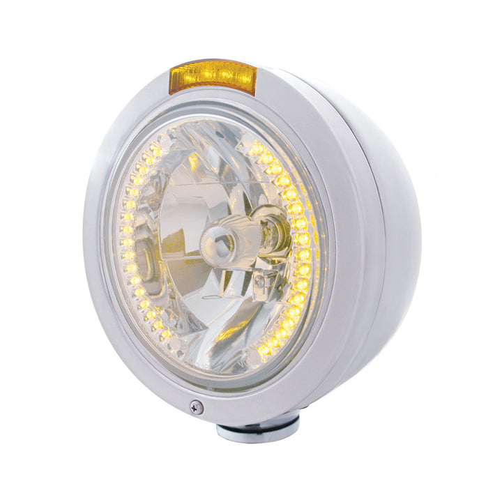 Stainless Steel Bullet Classic Headlight H4 With Amber LED &amp; Dual Mode LED Signal - Amber Lens