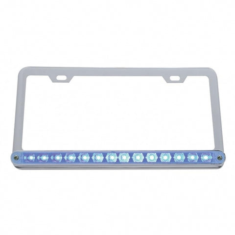 Chrome License Plate Frame With 14 LED 12" Light Bar - Blue LED/Clear Lens