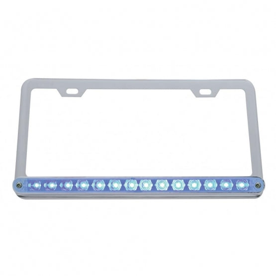 Chrome License Plate Frame With 14 LED 12" Light Bar - Blue LED/Clear Lens