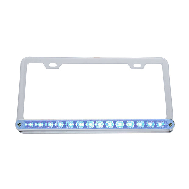 Chrome License Plate Frame With 14 LED 12" Light Bar - Amber LED/Clear Lens