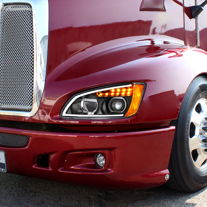 Black Full LED Projection Headlight With Turn Signal &amp; Position Light Bar For 2008-2017 Kenworth T660 - Driver