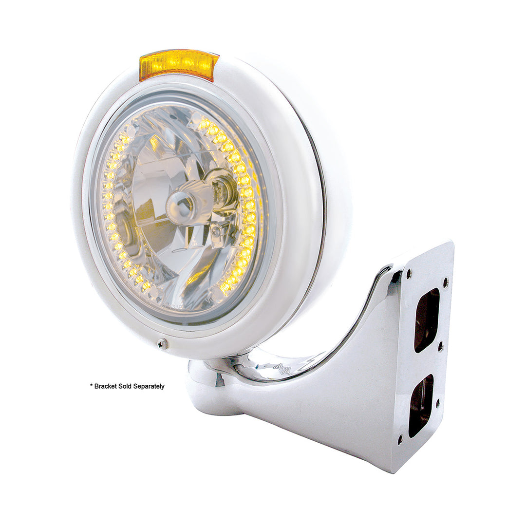 Stainless Steel Classic Headlight H4 With 34 Amber LED &amp; Dual Mode LED Signal - Amber Lens