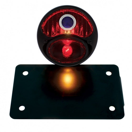Black 1928 DUO Lamp &amp; Blue Dot Style Tail Light Assembly With Horizontal Mounting Bracket For Motorcycle