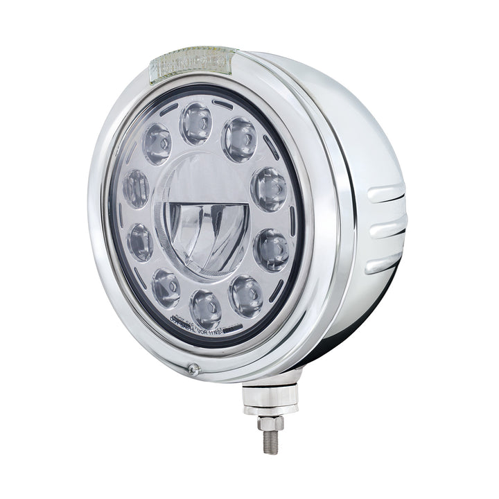 Stainless Steel Bullet Embossed Stripe Headlight 11 LED Bulb &amp; Dual Mode LED Signal-Clear Lens