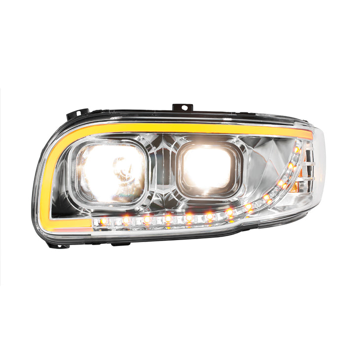 Chrome Projection Headlight With LED Turn Signal &amp; Light Bar For 2008-2024 Peterbilt 389-Driver