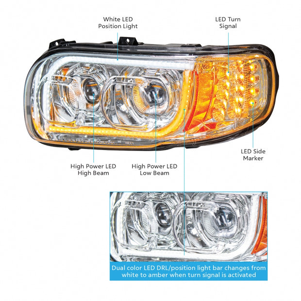 High Power LED Chrome Headlight w/ LED Position Light & LED Turn Signal For 2008+ Peterbilt 388/389 - Driver