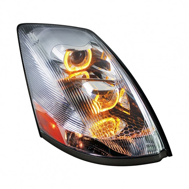 2004+ Volvo VN/VNL Chrome Projection Headlight w/ Amber LED Light Bar