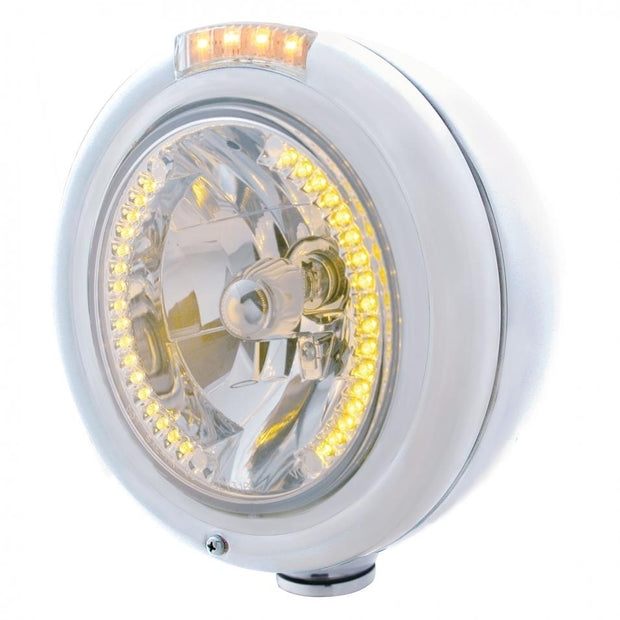 CHROME PB "CLASSIC" PB HEADLIGHT W/ AMBER DUAL FUNCTION SIGNAL LIGHT - 34 WHITE LED CRYSTAL HALOGEN