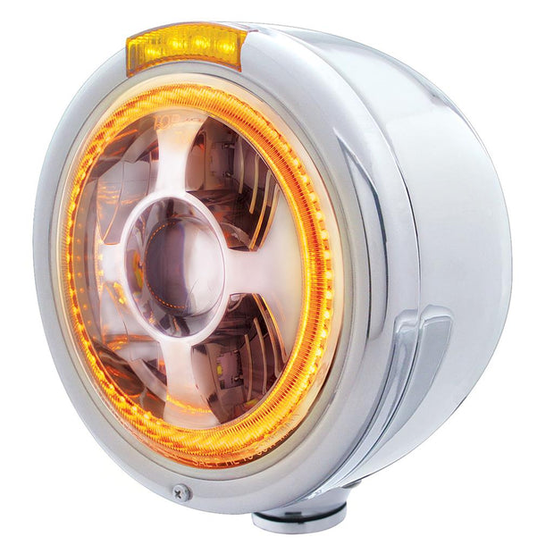 Stainless Steel Bullet Half Moon Headlight LED Projection Headlight & LED Turn Signal - Amber Lens