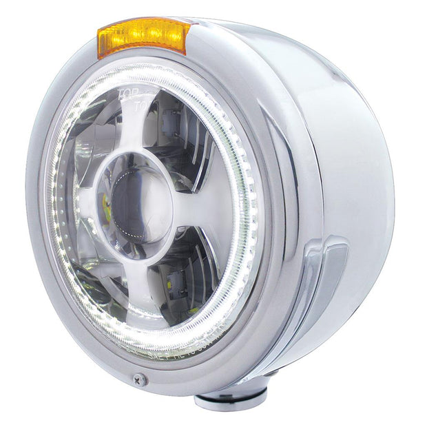 Stainless Steel Bullet Half Moon Headlight LED Projection Headlight & LED Turn Signal - Amber Lens