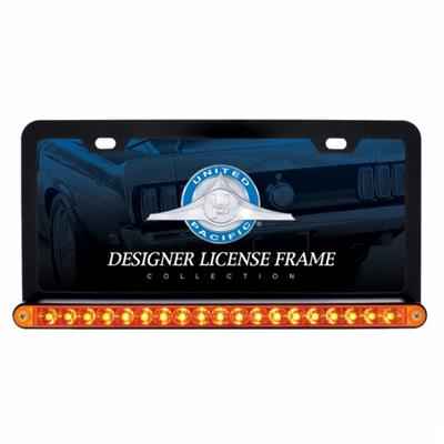 Black License Plate Frame w/ 19 LED 12" Reflector Light Bar - Amber LED/Amber Lens