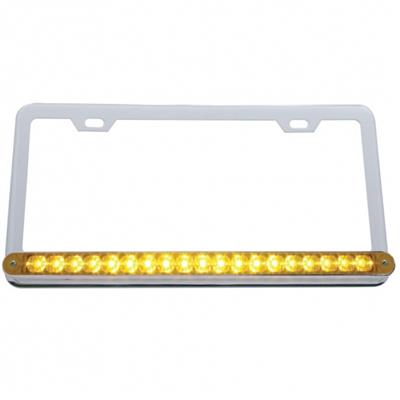 Chrome License Plate Frame w/ 19 LED 12" Reflector Light Bar - Amber LED/Amber Lens