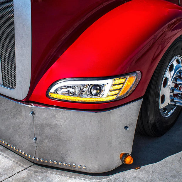 Hover to zoom | Click to enlarge Chrome Projection Headlight With LED Sequential Turn And DRL For Peterbilt 386/387 -Driver