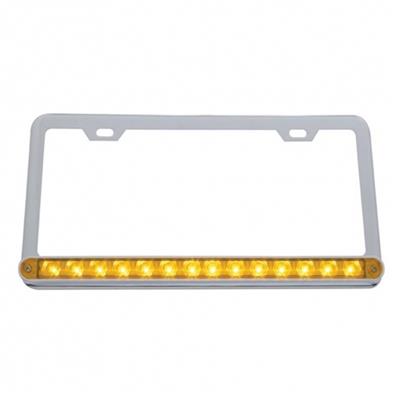 Chrome License Plate Frame w/ 14 LED 12" Light Bar - Amber LED/Amber Lens