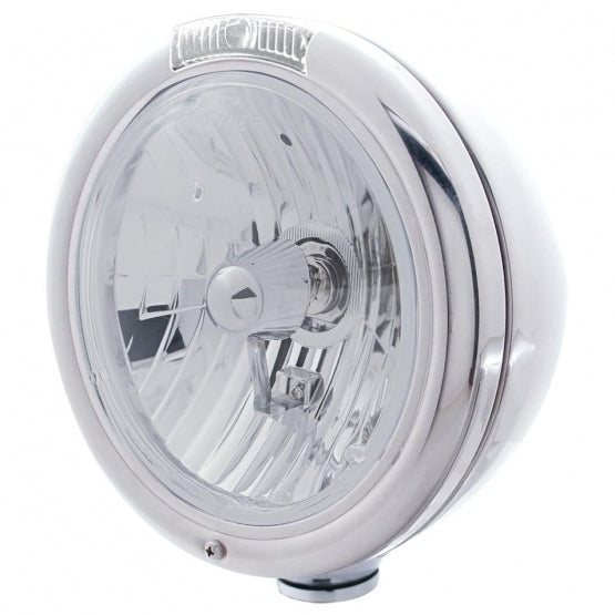 STAINLESS STEEL "CLASSIC" PETERBILT CRYSTAL H4 HALOGEN HEADLIGHT W/ INCANDESCENT SIGNAL LIGHT - CLEAR